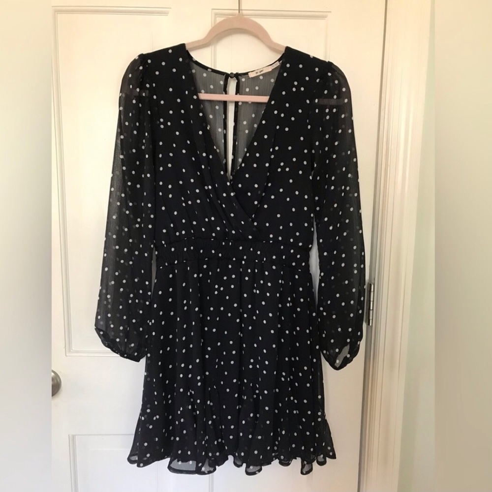 Mi Ami Black Chiffon V neck Mini Dress with White Polka Dots Size Small